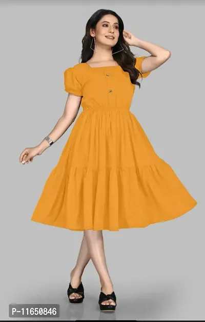 Stylish Yellow Crepe Solid Dresses For Women-thumb0