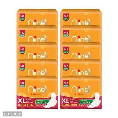 NIINE Dry Comfort Ultra Thin XL Sanitary Pads for women with Fluid Lock Gel Technology (Pack of 10) 60 Pads Count-thumb0