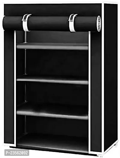 DEMARK Premium Heavy Shoe Rack Stand for Home Multipurpose Storage Organizer Lightweight with Iron Pipes Dust Proof Cover 4-Layer Shelves (Black)-thumb0