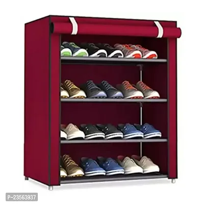 DEMARK Premium Heavy Shoe Rack Stand for Home Multipurpose Storage Organizer Lightweight with Iron Pipes Dust Proof Cover 4-Layer Shelves (Maroon)-thumb0