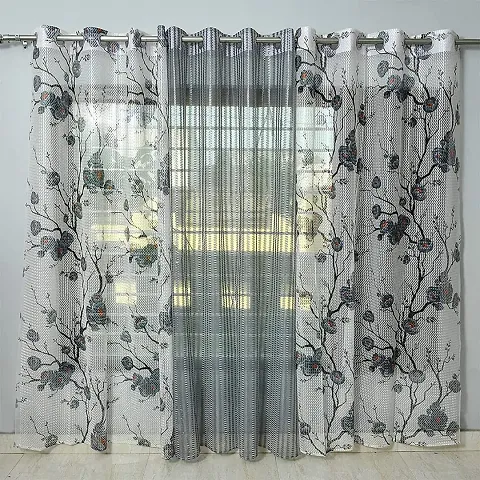 AH ARTSY HOME Sheer Polyester Net Curtains for Living Room and Bedroom 2 Printed & 1 Plain Tissue Curtain, 5Ft, 7Ft, 9Ft