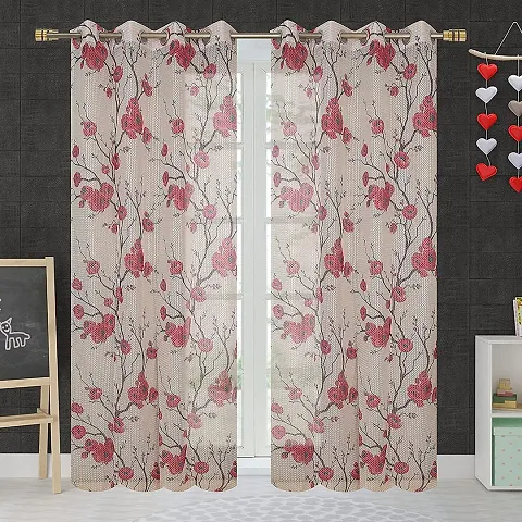 MVD Polyester Floral Printed Tissue Net Semi Transparent Door Curtains for Living Room (7 Feet , Maroon) Pack of 2