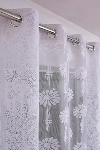 HHF DECOR Polyester Heavy Stripe Floral Sheer Net Tissue 4 x 9 Feet Long Door Curtain Pack of 1 Pecs White Curtain for Home Living Room Kitchen Balcony Curtain