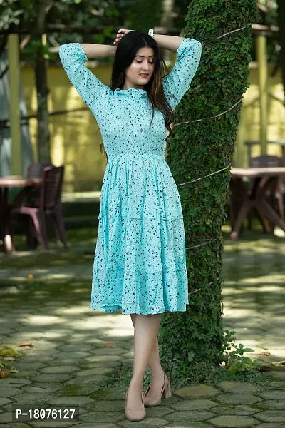 Stylish Turquoise Cotton Printed Dresses For Women-thumb0