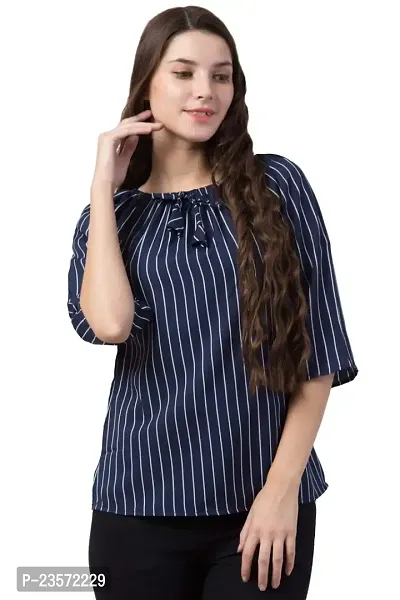 era style Casual Striped Printed Women top (Blue Stripe, Small)