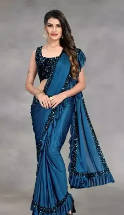 Partywear Silk Blend Sequin Ruffle Sarees with Blouse piece