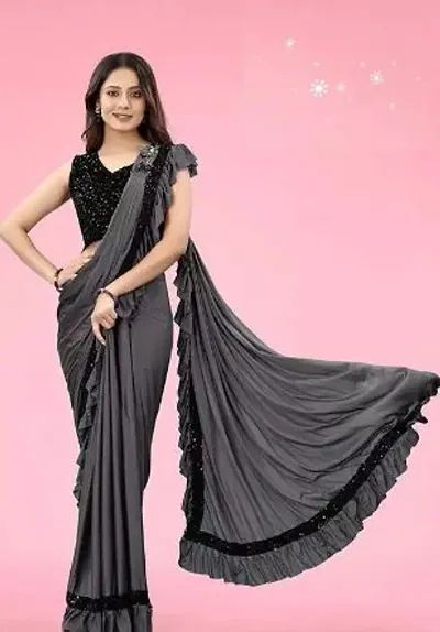 Dream Crushers Women's Designer Ready to Wear Lycra Saree And Unstitched Blouse Piece (BLACK)