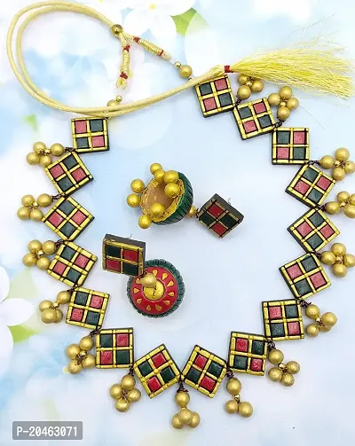 AVAYAGIFTS Terracotta Jewellery Necklace Set For Women (Green  Red and Golden) With Jhumka Earring For Women  Girl-thumb3