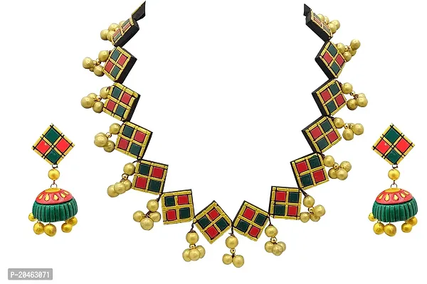 AVAYAGIFTS Terracotta Jewellery Necklace Set For Women (Green  Red and Golden) With Jhumka Earring For Women  Girl