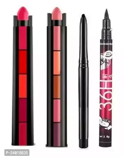 Combo Of Multicolor Proffessional The Red Edition 5 in 1 (pack of 01), The Nude matte lipstick Matte Stick 5 in 1 (pack of 01) and 36 H waterproof long-lasting Eyeliner (pack of 01) and Deep Black Kaj
