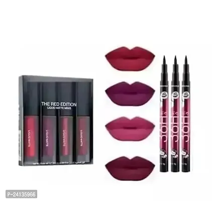 Red Edition 4In1 Matte Lipsticks With 3 Pcs 36H Eyeliner- (Pack Of 4)
