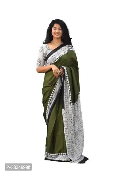 Stylish Green Cotton Printed Saree with Blouse piece For Women-thumb0