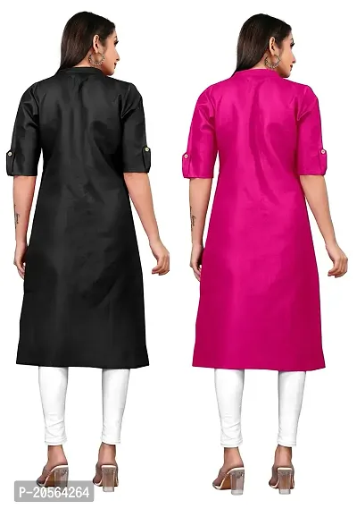 Narrow fashion Women Plain Cotton Blend Straight Front Slit Kurti Combo (XL, Black-Pink)-thumb2