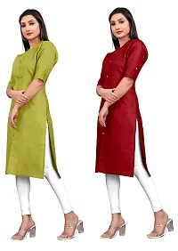 Narrow fashion Women Plain Cotton Blend Straight Front Slit Kurti Combo (M, Green-Maroon)-thumb2