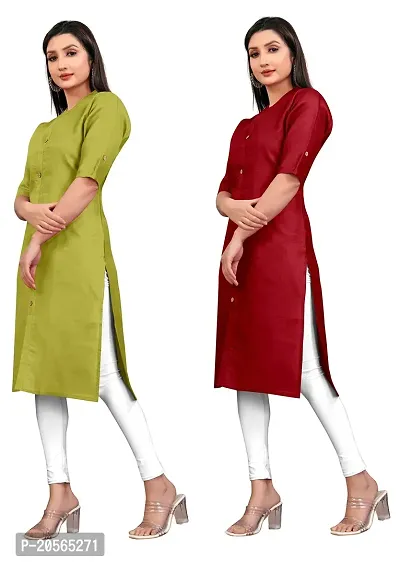 Narrow fashion Women Plain Cotton Blend Straight Front Slit Kurti Combo (M, Green-Maroon)-thumb3