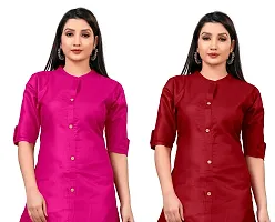 Narrow fashion Women Plain Cotton Blend Straight Front Slit Kurti Combo (S, Pink-Maroon)-thumb3