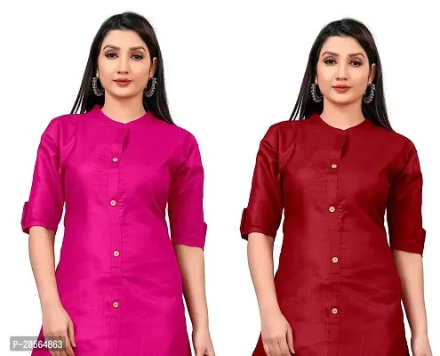 Narrow fashion Women Plain Cotton Blend Straight Front Slit Kurti Combo (S, Pink-Maroon)-thumb4