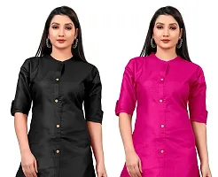 Narrow fashion Women Plain Cotton Blend Straight Front Slit Kurti Combo (XL, Black-Pink)-thumb3