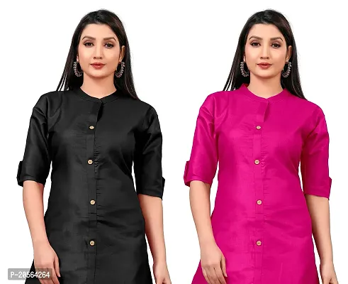 Narrow fashion Women Plain Cotton Blend Straight Front Slit Kurti Combo (XL, Black-Pink)-thumb4