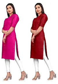 Narrow fashion Women Plain Cotton Blend Straight Front Slit Kurti Combo (S, Pink-Maroon)-thumb2