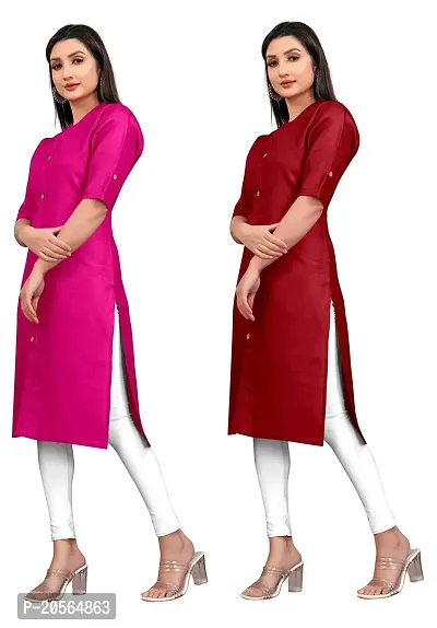 Narrow fashion Women Plain Cotton Blend Straight Front Slit Kurti Combo (S, Pink-Maroon)-thumb3