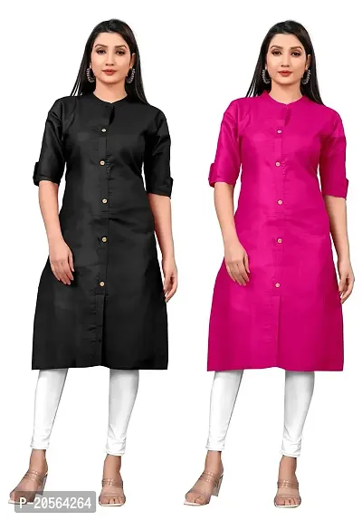 Narrow fashion Women Plain Cotton Blend Straight Front Slit Kurti Combo (XL, Black-Pink)