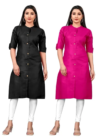 Narrow fashion Women Plain Blend Straight Front Slit Kurti Combo (XL, Black-Pink)