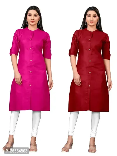 Narrow fashion Women Plain Cotton Blend Straight Front Slit Kurti Combo (S, Pink-Maroon)-thumb0
