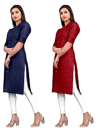 Narrow fashion Women Plain Cotton Blend Straight Front Slit Kurti Combo (XXL, Blue-Maroon)-thumb2