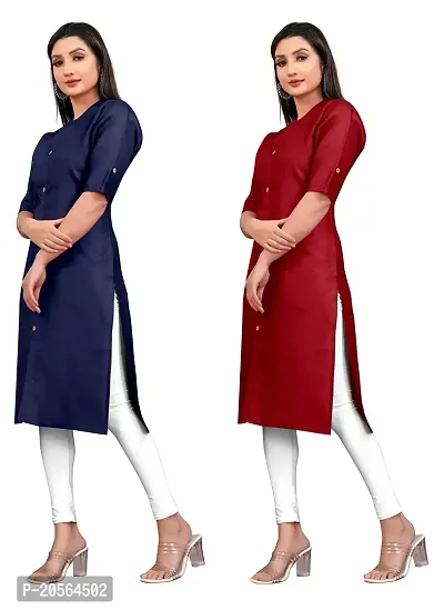 Narrow fashion Women Plain Cotton Blend Straight Front Slit Kurti Combo (XXL, Blue-Maroon)-thumb3