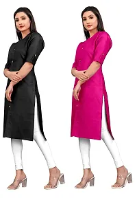 Narrow fashion Women Plain Cotton Blend Straight Front Slit Kurti Combo (XL, Black-Pink)-thumb2