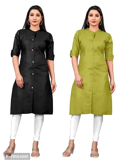 Narrow fashion Women Plain Cotton Blend Straight Front Slit Kurti Combo (L, Black-Green)