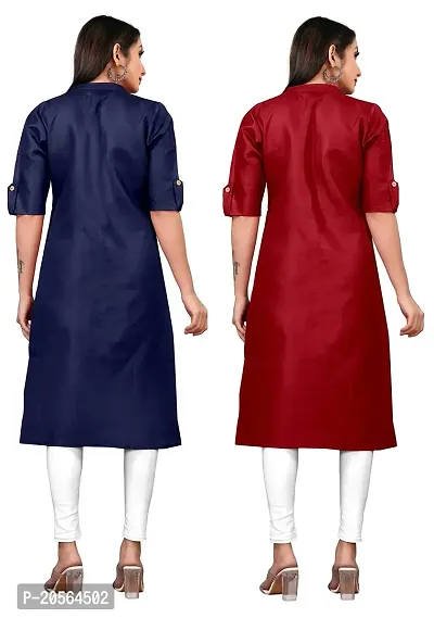 Narrow fashion Women Plain Cotton Blend Straight Front Slit Kurti Combo (XXL, Blue-Maroon)-thumb2