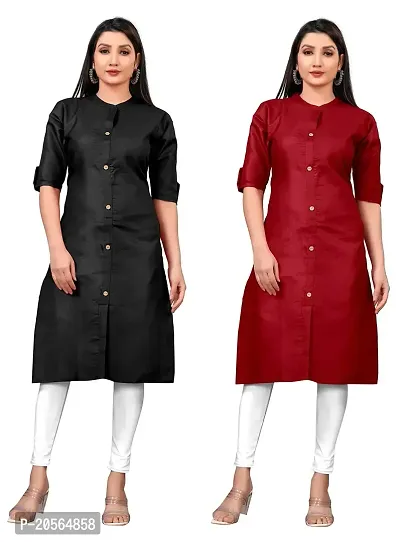 Narrow fashion Women Plain Cotton Blend Straight Front Slit Kurti Combo (M, Black-Maroon)