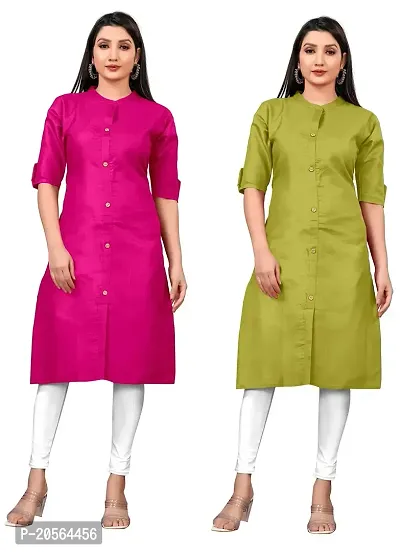 Narrow fashion Women Plain Cotton Blend Straight Front Slit Kurti Combo (M, Pink-Green)