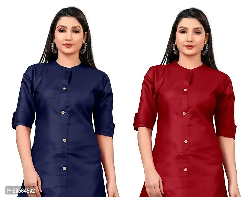 Narrow fashion Women Plain Cotton Blend Straight Front Slit Kurti Combo (XXL, Blue-Maroon)-thumb4