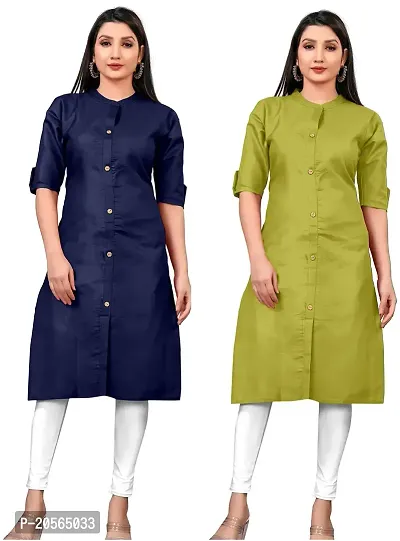 Narrow fashion Women Plain Cotton Blend Straight Front Slit Kurti Combo (S, Blue-Green)