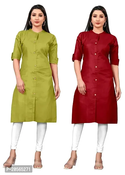 Narrow fashion Women Plain Cotton Blend Straight Front Slit Kurti Combo (M, Green-Maroon)