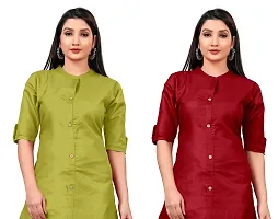 Narrow fashion Women Plain Cotton Blend Straight Front Slit Kurti Combo (M, Green-Maroon)-thumb3