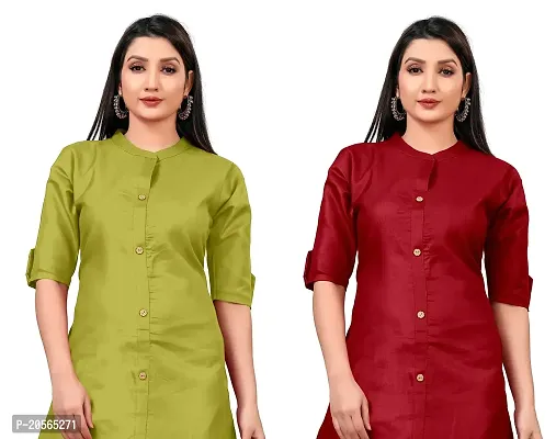 Narrow fashion Women Plain Cotton Blend Straight Front Slit Kurti Combo (M, Green-Maroon)-thumb4