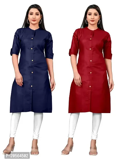 Narrow fashion Women Plain Cotton Blend Straight Front Slit Kurti Combo (XXL, Blue-Maroon)