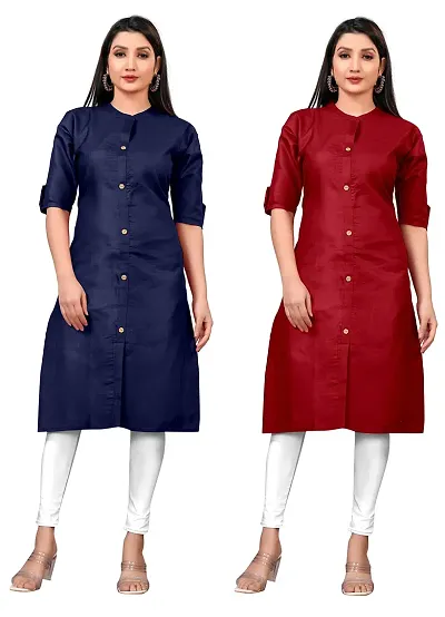 Stylish Cotton Blend Straight Front Slit Solid Kurti - Pack Of 2