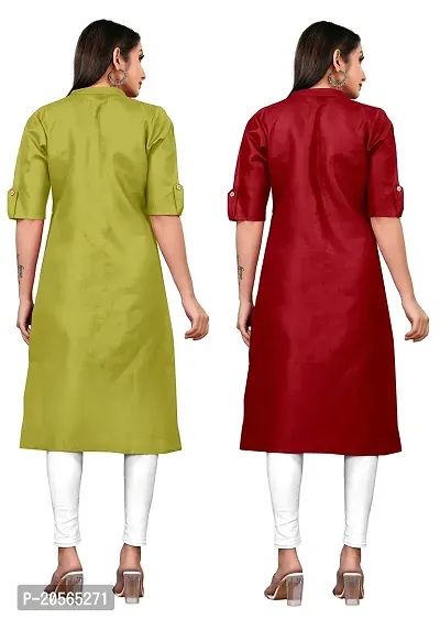 Narrow fashion Women Plain Cotton Blend Straight Front Slit Kurti Combo (M, Green-Maroon)-thumb2