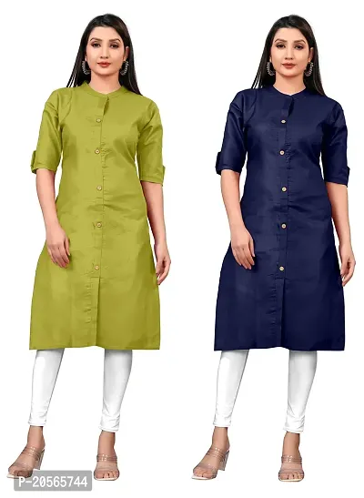 Narrow fashion Women Plain Cotton Blend Straight Front Slit Kurti Combo (L, Green-Blue)