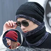 Classic Woolen Solid Beanie Cap with Neck Warmer for Unisex-thumb3