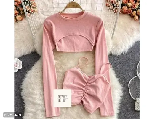 Elegant Pink Lycra Solid Tops For Women- 2 Pieces-thumb0