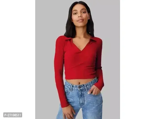 Elegant Red Lycra Solid Tops For Women-thumb0