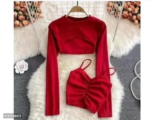 Elegant Red Lycra Solid Tops For Women- 2 Pieces