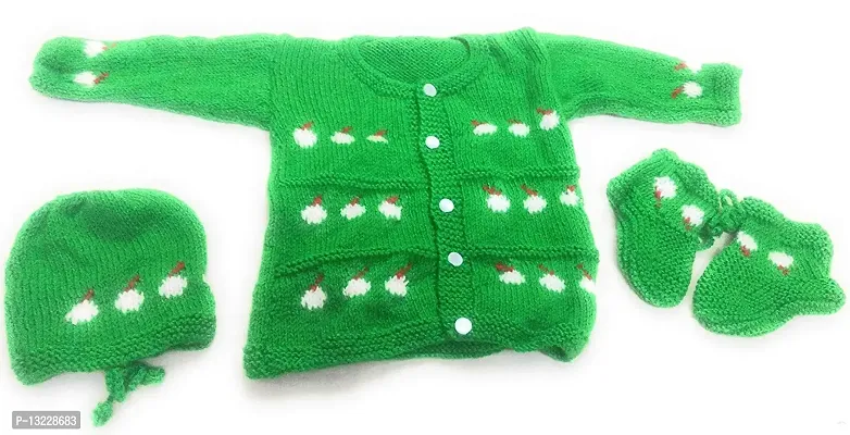 ARUNA KULLU HANDLOOM Hand Made New Born Baby Woolen Knitted Sweater Set (3Pcs Suit) for Kids (Unisex) (GREEN)