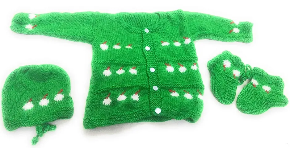 ARUNA KULLU HANDLOOM Hand Made New Born Baby Woolen Knitted Sweater Set (3Pcs Suit) for Kids (Unisex) (GREEN)